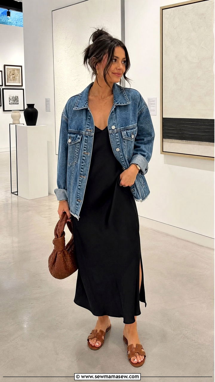 Casual Denim Jacket with Black Dress Outfit - 30 casual fashion inspo outfits