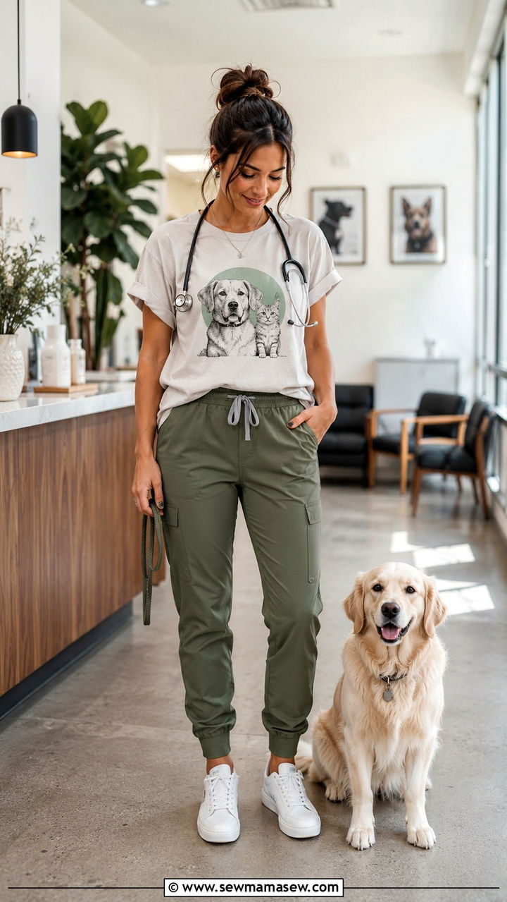 Casual Friday graphic tee with scrub joggers - 25 Vet tech outfit ideas
