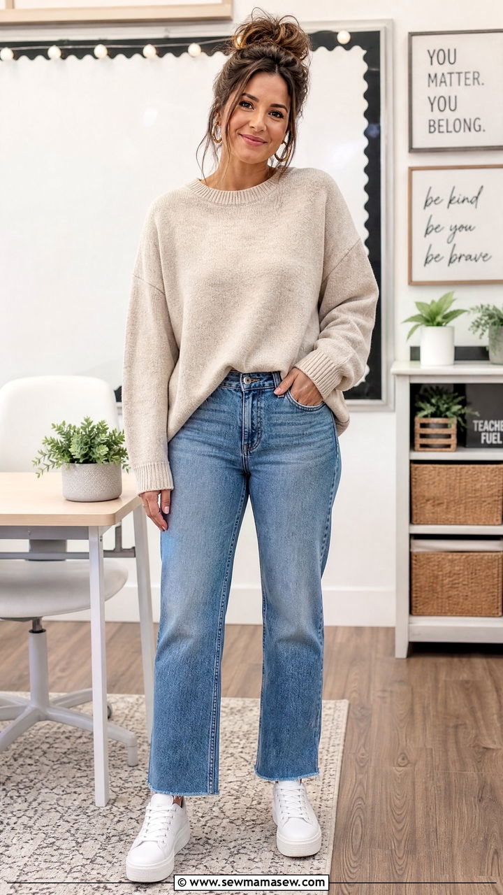Casual Friday sweater and jeans teacher outfit - 30 Elementary teacher outfit ideas