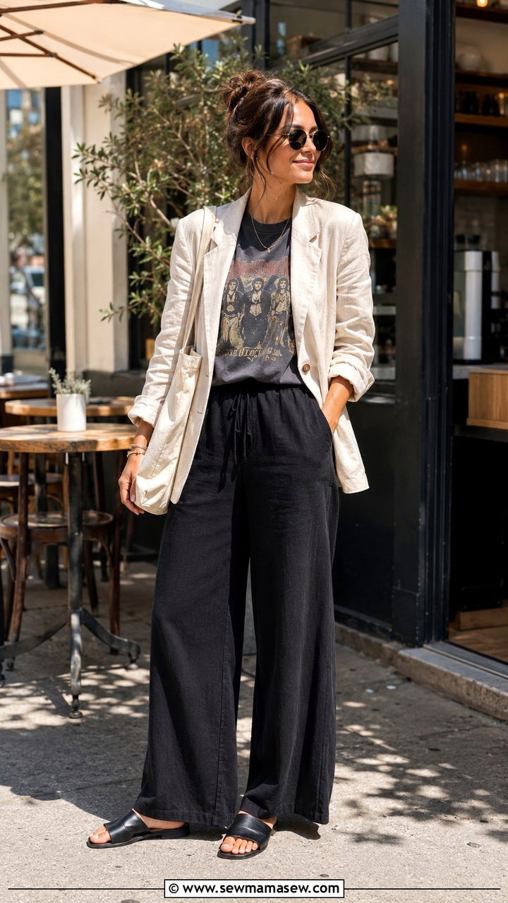 Casual Graphic Tee With Relaxed Trousers Outfit - 25 PhD student outfit ideas