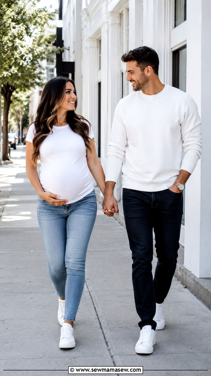 Casual Jeans And White Tee Couple Outfit - 20 Baby announcement photo outfit ideas
