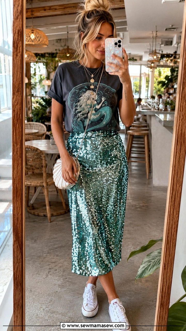 Casual Mermaidcore Outfit With A Graphic Tee And Sequin Skirt - 25 Mermaidcore outfit ideas