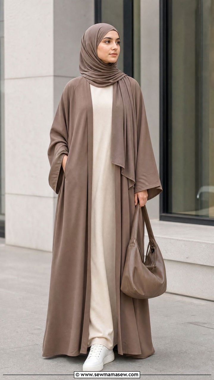 Casual Open Abaya with Jersey Hijab and White Sneakers - 25 casual outfits for hijab women