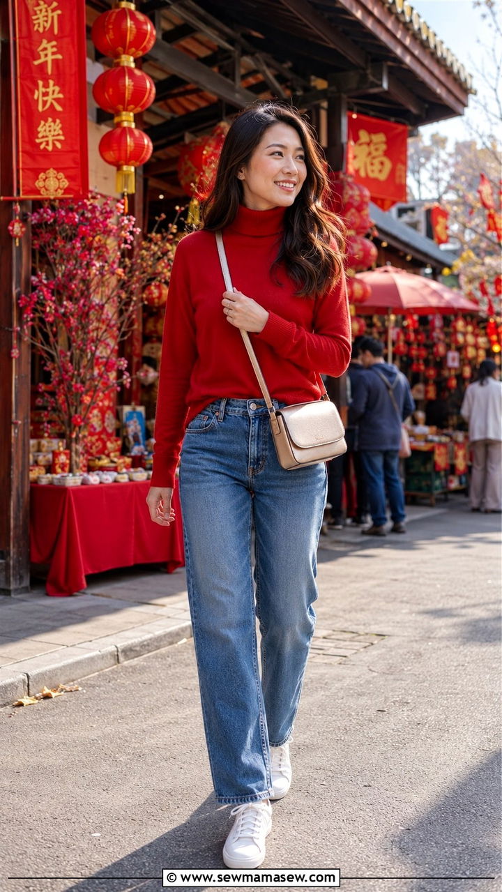 Casual Red Sweater with Jeans and Sneakers - 30 Lunar new year outfit ideas