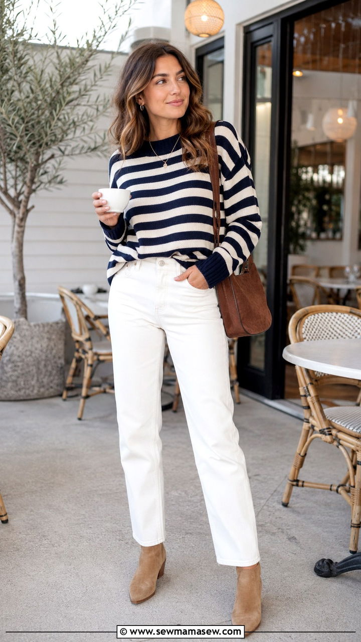 Casual Striped Sweater with White Jeans Outfit - 30 casual fashion inspo outfits
