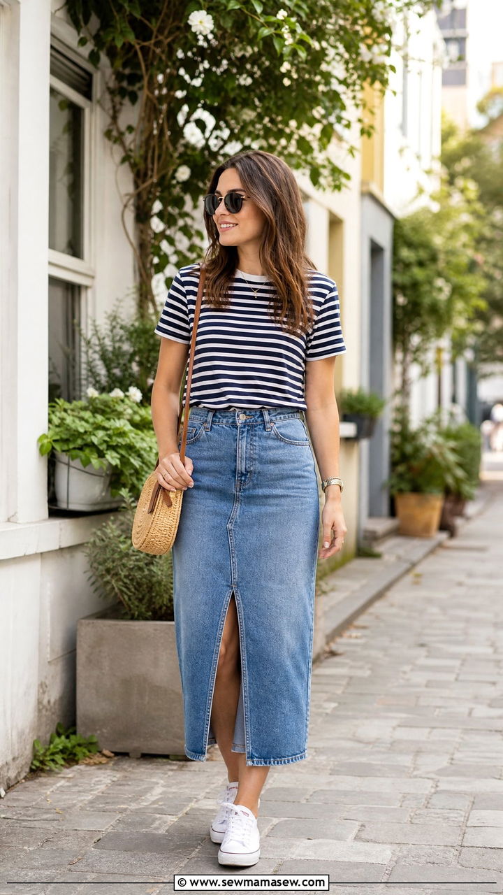 Casual Striped Tee with Denim Skirt Outfit - 30 casual fashion inspo outfits