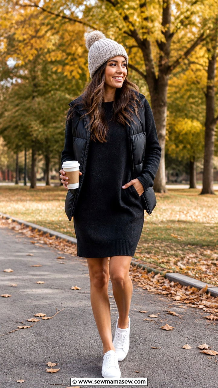 Casual Sweater Dress With Beanie And Sneakers - 40 sweater dress outfit ideas