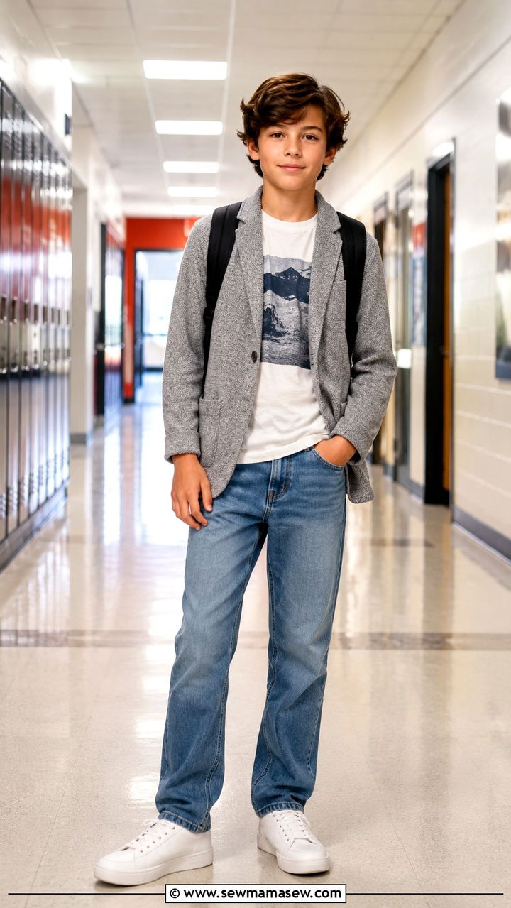 Casual blazer with graphic tee and jeans outfit - 30 Kids back to school outfit ideas