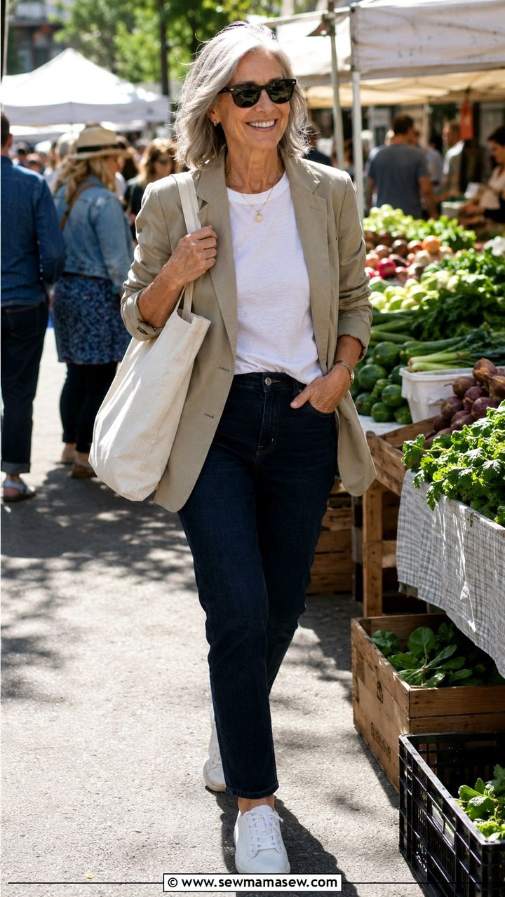 Casual blazer with t shirt and sneakers - 20 How to style a blazer over 60