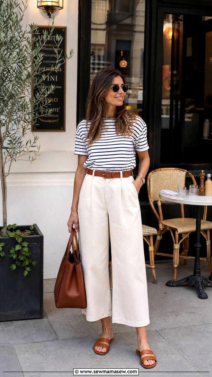 Casual brunch outfit with wide leg cropped pants and striped tee - 25 Brunch outfit ideas Saturday casual
