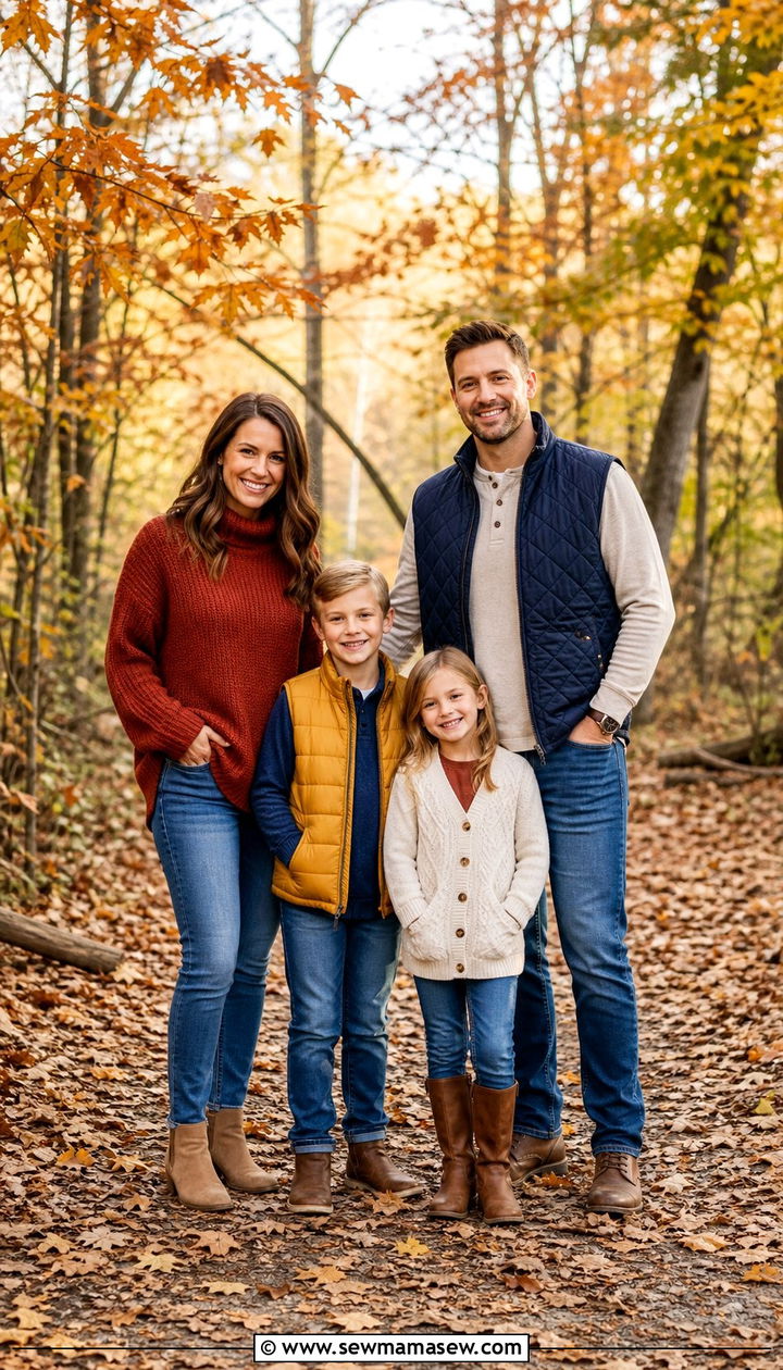 Casual denim and autumn layers family photo - 25 family photo outfits 2026