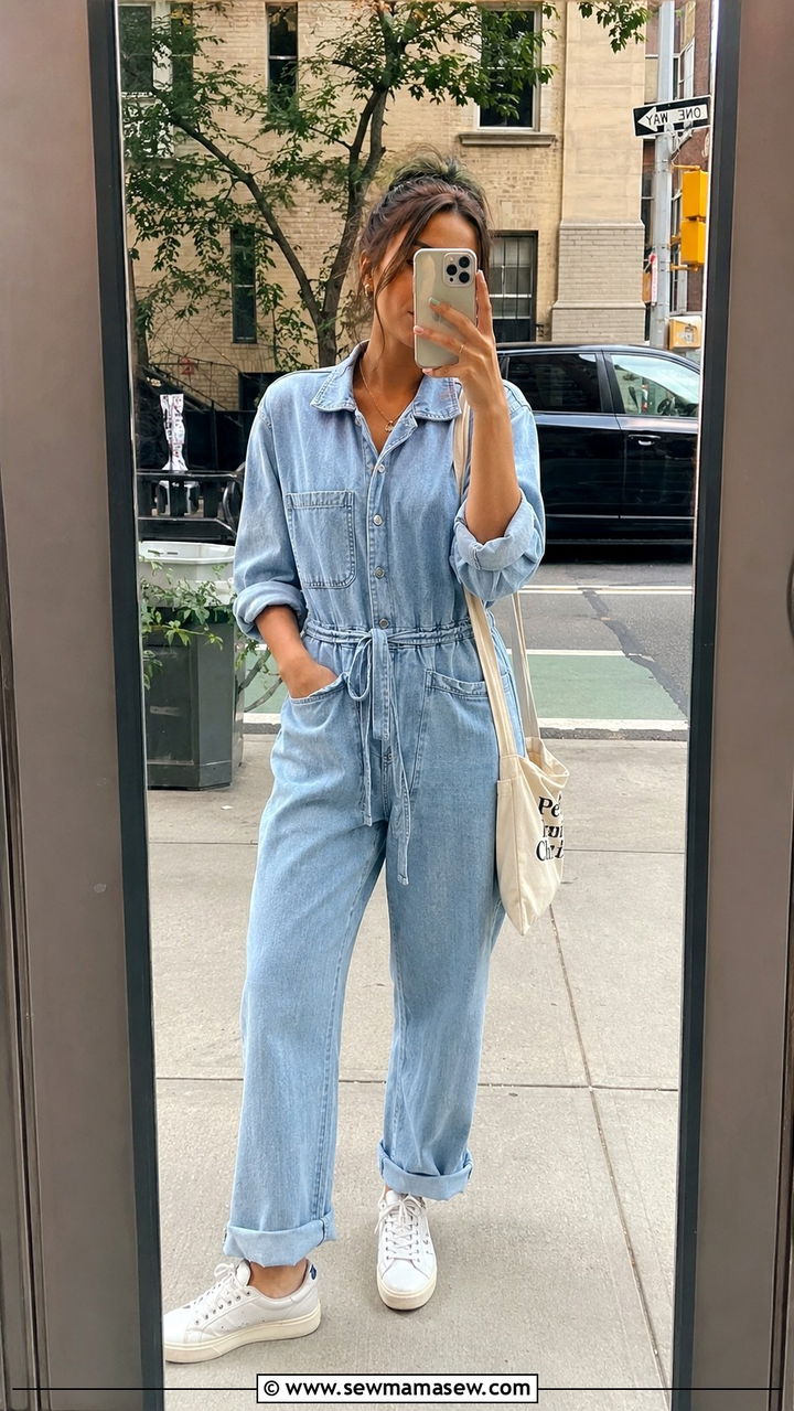 Casual denim jumpsuit outfit with sneakers - 30 jumpsuit outfit ideas for women