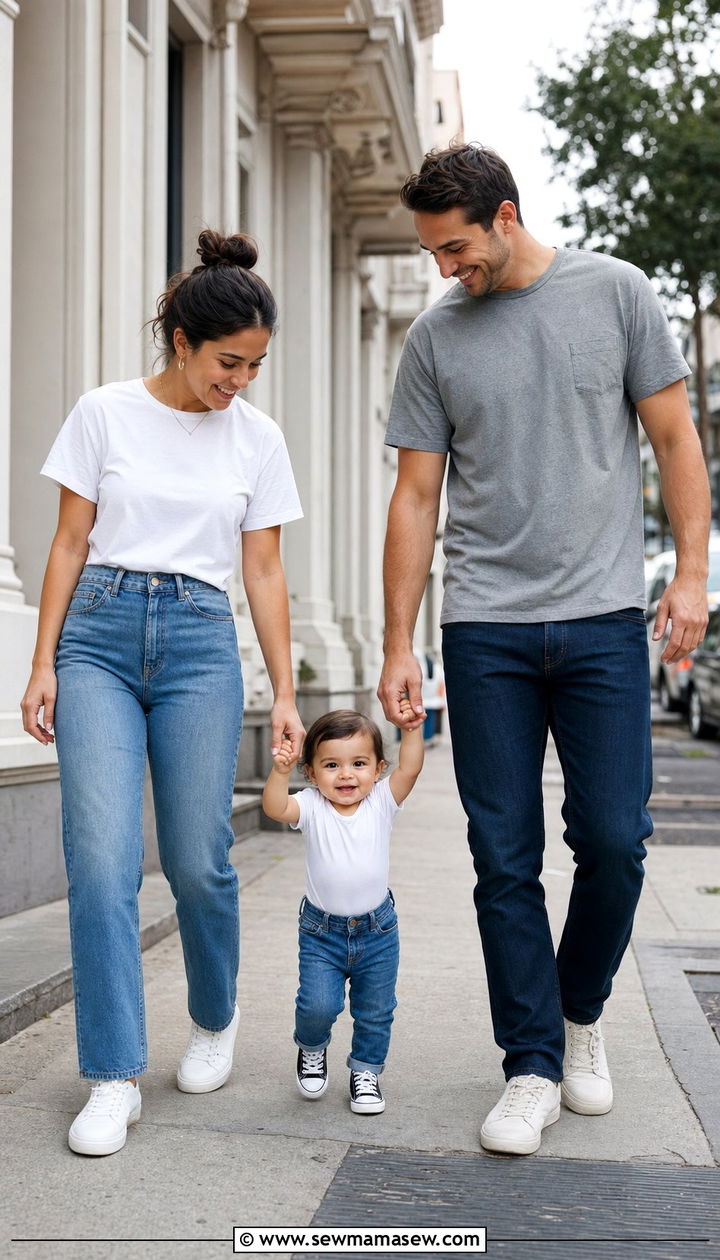 Casual jeans and tee family photo outfit with toddler - 25 Family photo outfit ideas with toddlers