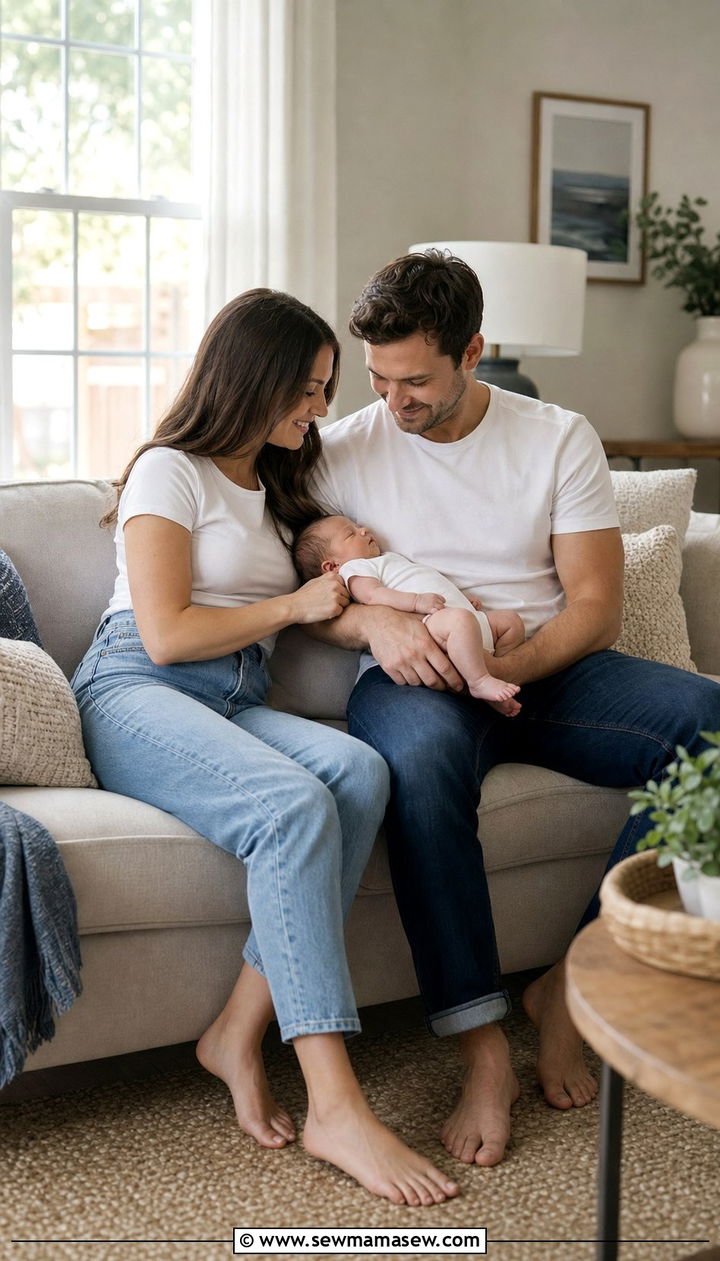 Casual jeans and white tee family photo outfit with newborn - 25 Family photo outfit ideas with newborn