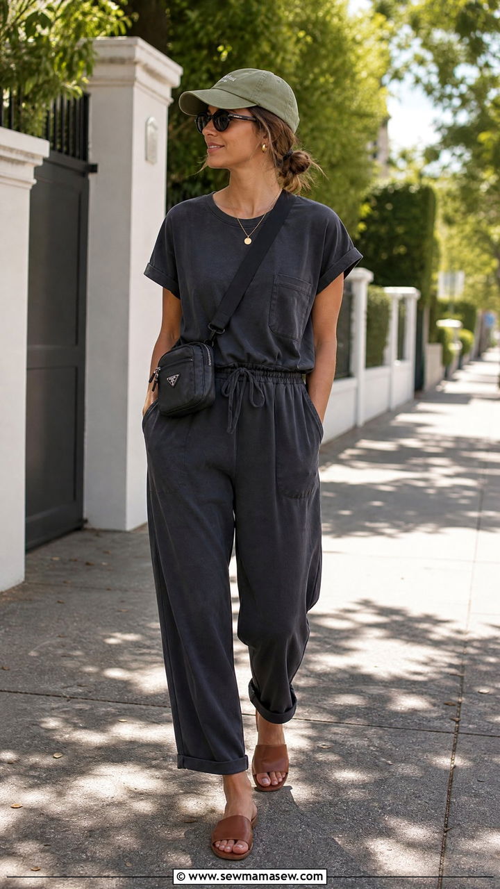 Casual jumpsuit with crossbody bag and slides - 25 how to style jumpsuit