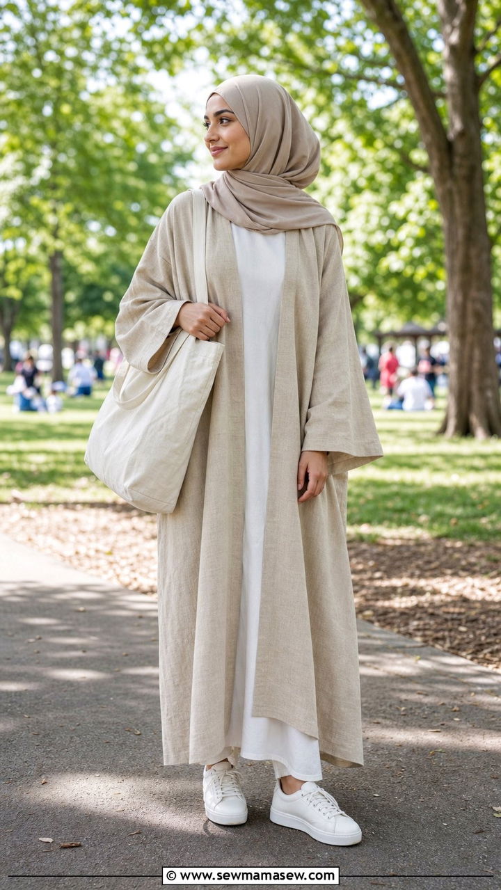 Casual linen abaya with white sneakers - 25 Eid outfit ideas with abaya