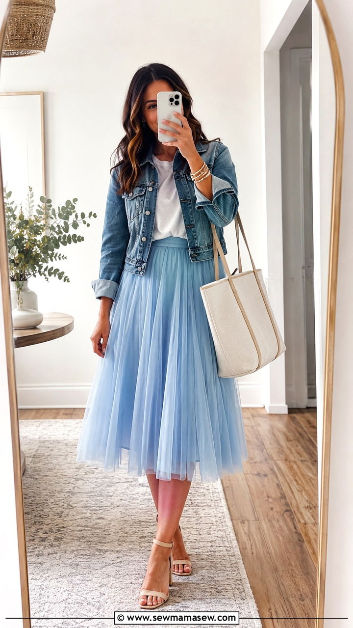 Casual tulle skirt with denim jacket and heels - 25 Tulle skirt outfit ideas with heels