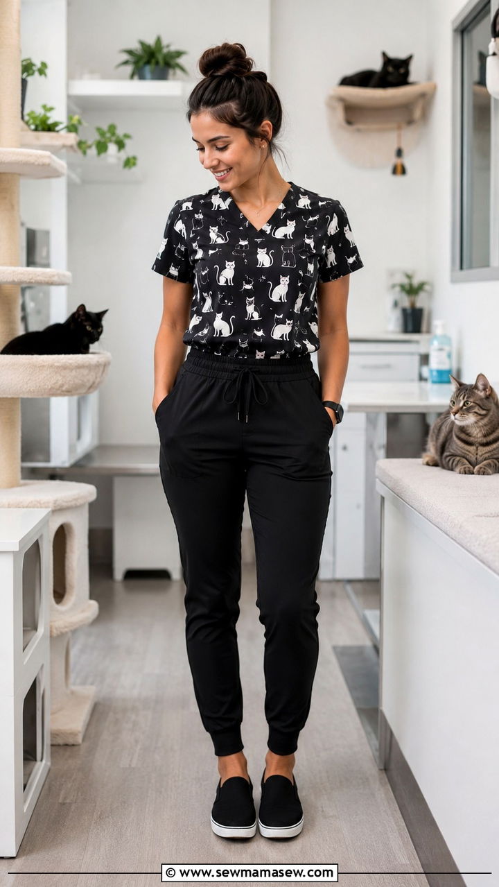 Cat print scrub top with black joggers - 25 Vet tech outfit ideas