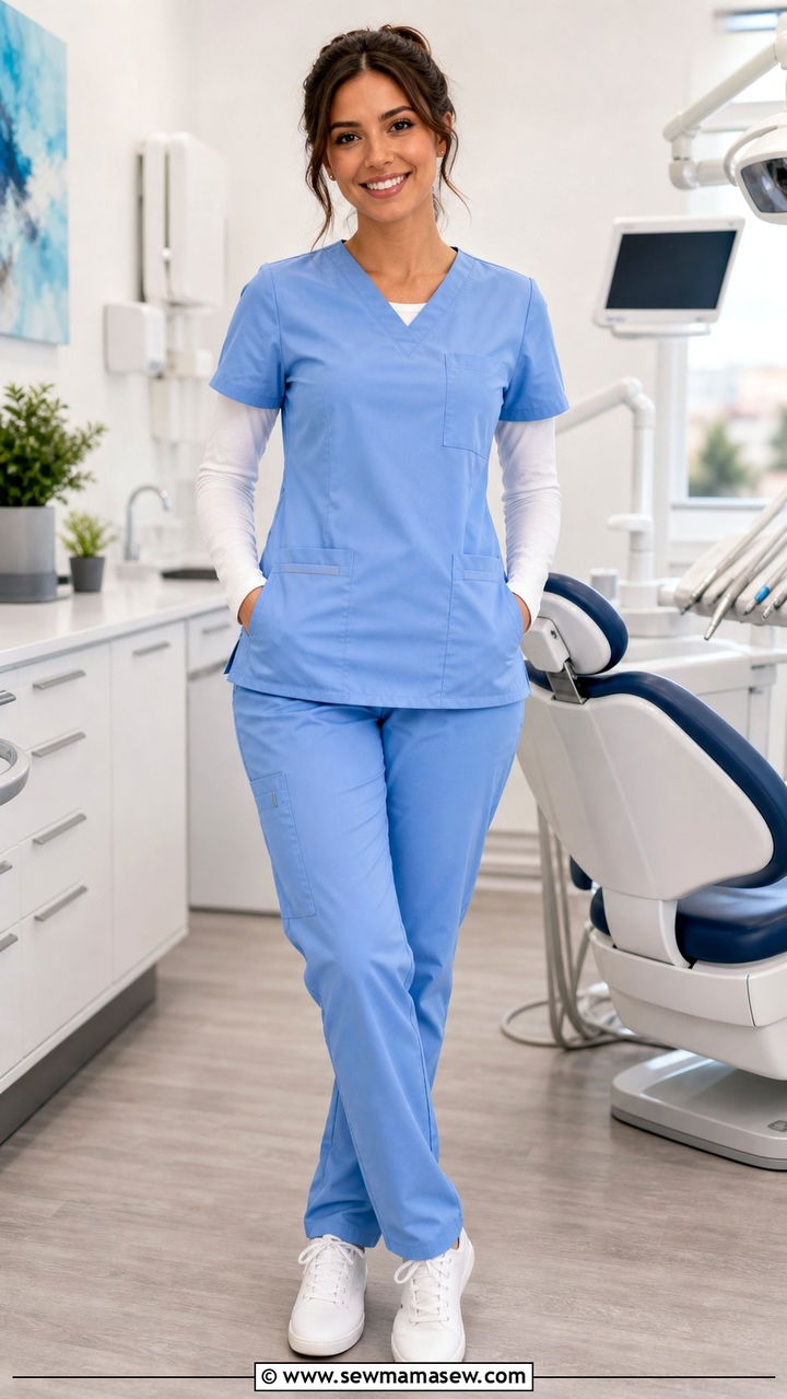 Ceil Blue Matching Scrub Set With Underscrub Layer - 25 Dental assistant outfit ideas