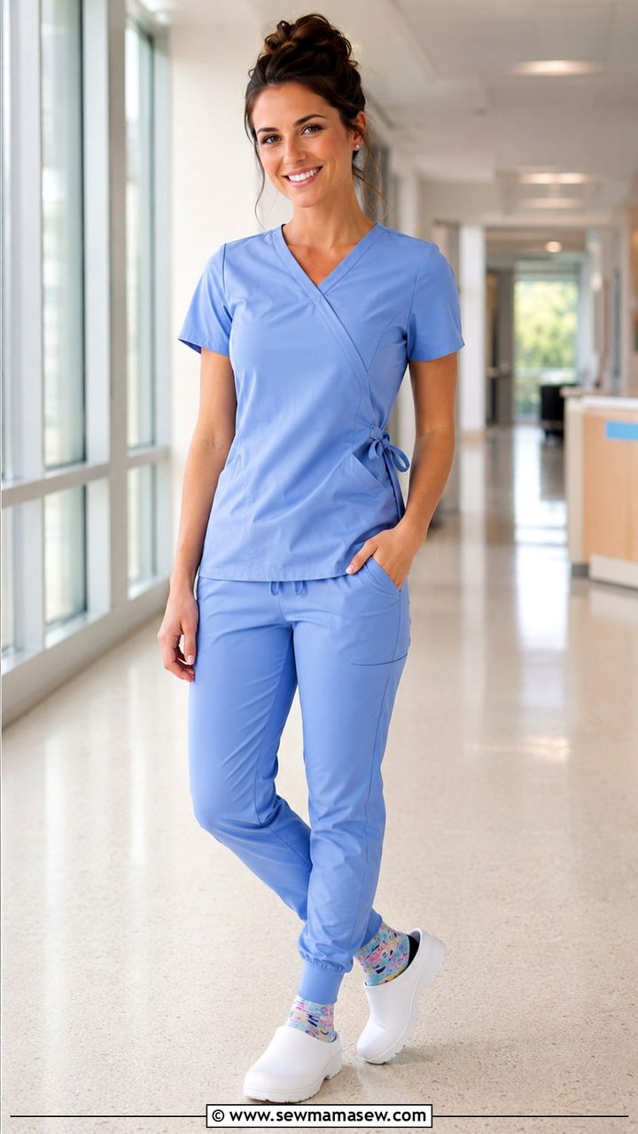 Ceil Blue Scrubs with Patterned Compression Socks Outfit - 30 Scrubs outfit ideas for nurses