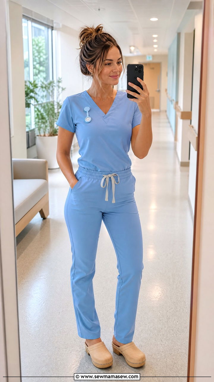 Ceil Blue V Neck Scrub Set With Wooden Clogs - 30 ER nurse outfit ideas
