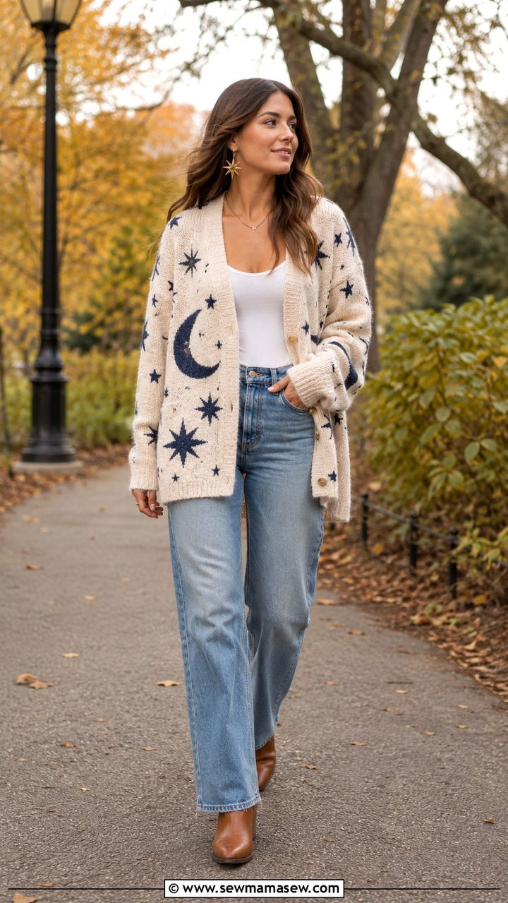 Celestial Cardigan with Jeans and Ankle Boots - 30 celestial outfits inspo