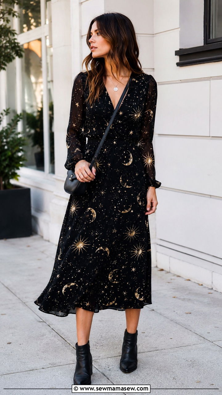 Celestial Print Midi Dress with Ankle Boots - 30 celestial outfits aesthetic
