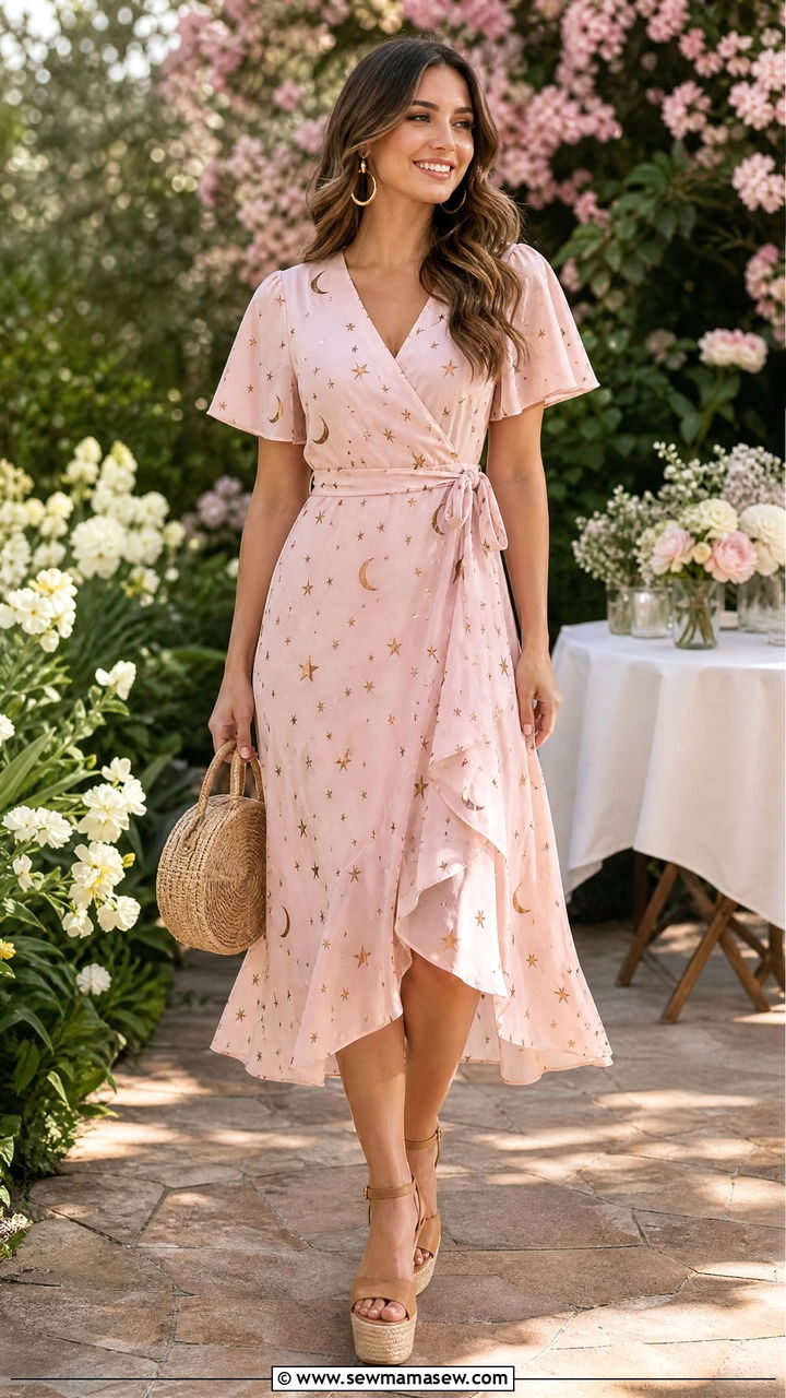 Celestial Print Wrap Midi Dress With Espadrilles - 25 classy celestial outfits