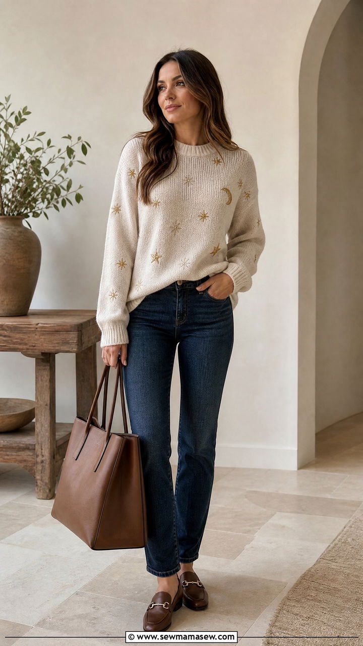 Celestial Sweater with Slim Straight Jeans and Loafers - 25 casual celestial outfits