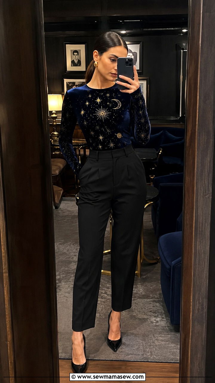 Celestial Velvet Bodysuit with Black Pants - 30 celestial outfits inspo