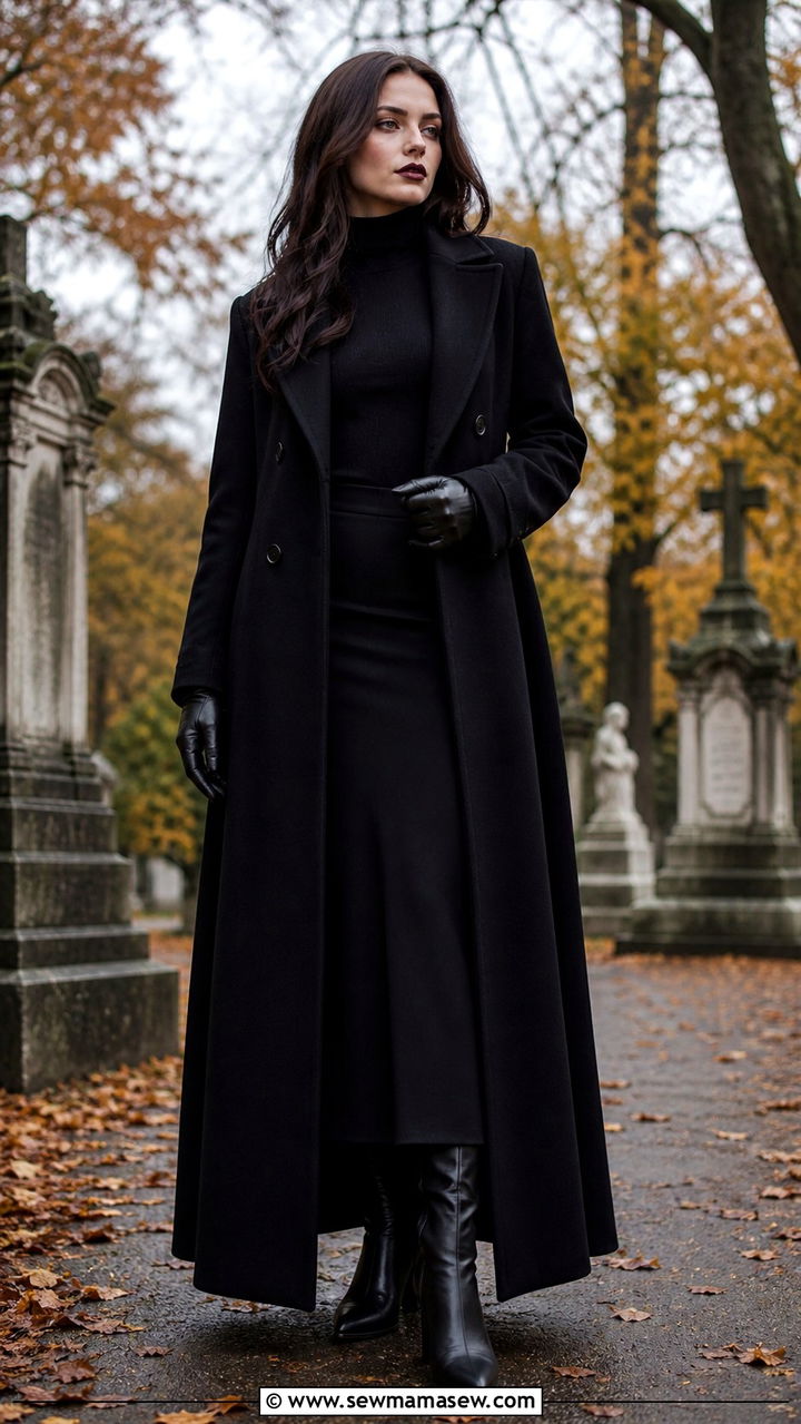Cemetery chic long black wool coat with turtleneck and midi skirt goth outfit - 40 Gothic outfit ideas