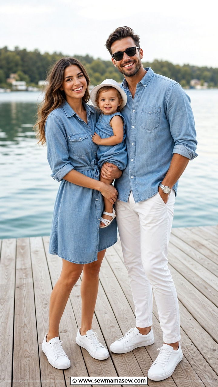 Chambray Blue and White Coordinated Toddler Family Outfit - 25 Family photo outfit ideas with toddler