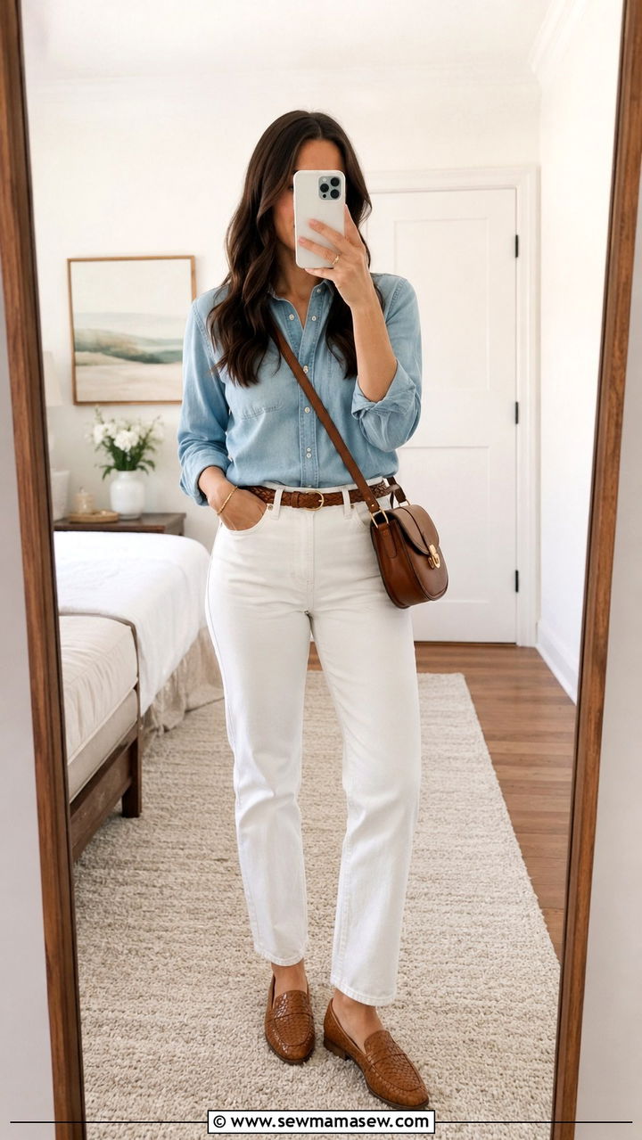 Chambray Button Down Shirt with White Jeans and Woven Loafers - 30 Spring preppy outfits 2026
