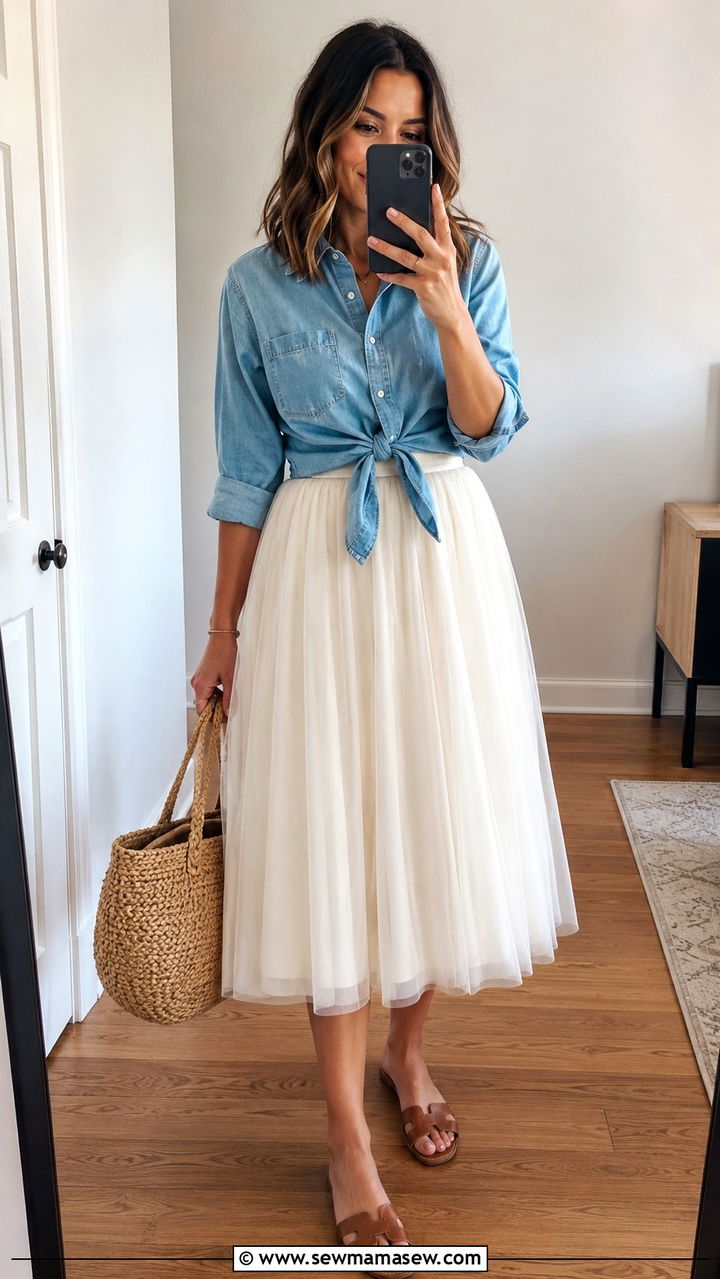 Chambray Button Down Tied With Ivory Tulle Skirt - 20 Tulle skirt outfit ideas with a button down