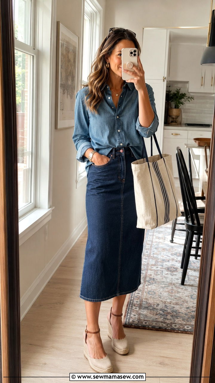 Chambray Button Down With Denim Midi Skirt - 30 Midi skirt outfit ideas with a button down