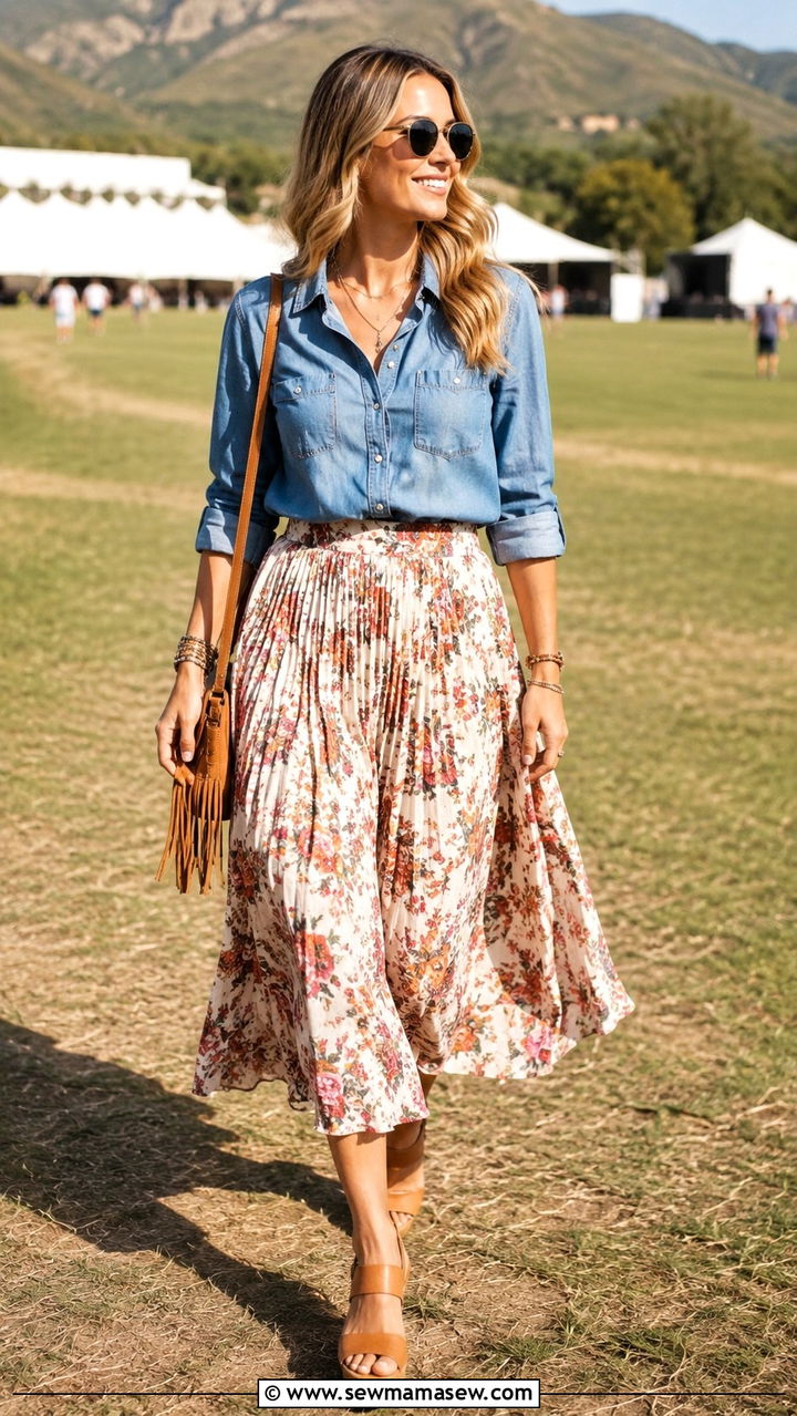 Chambray Button Down With Floral Pleated Midi Skirt And Wedge Sandals - 30 Pleated skirt outfit ideas with a button down