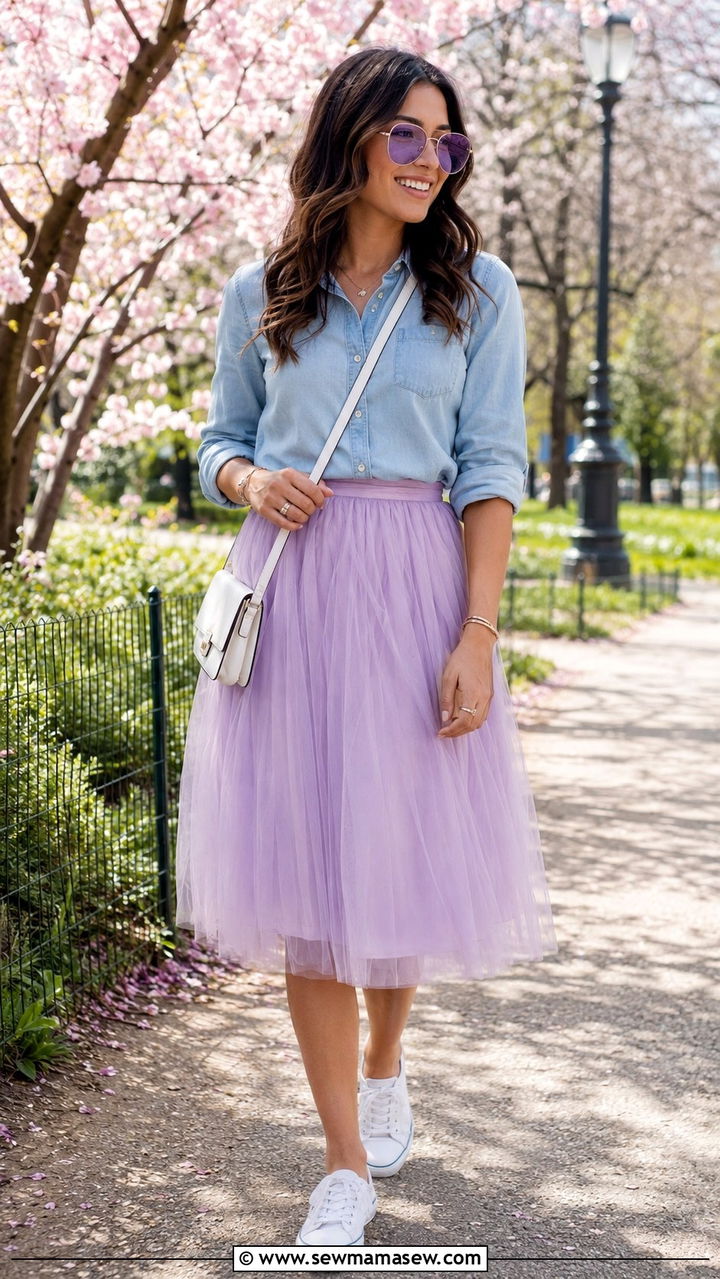 Chambray Button Down With Lilac Tulle Skirt - 20 Tulle skirt outfit ideas with a button down