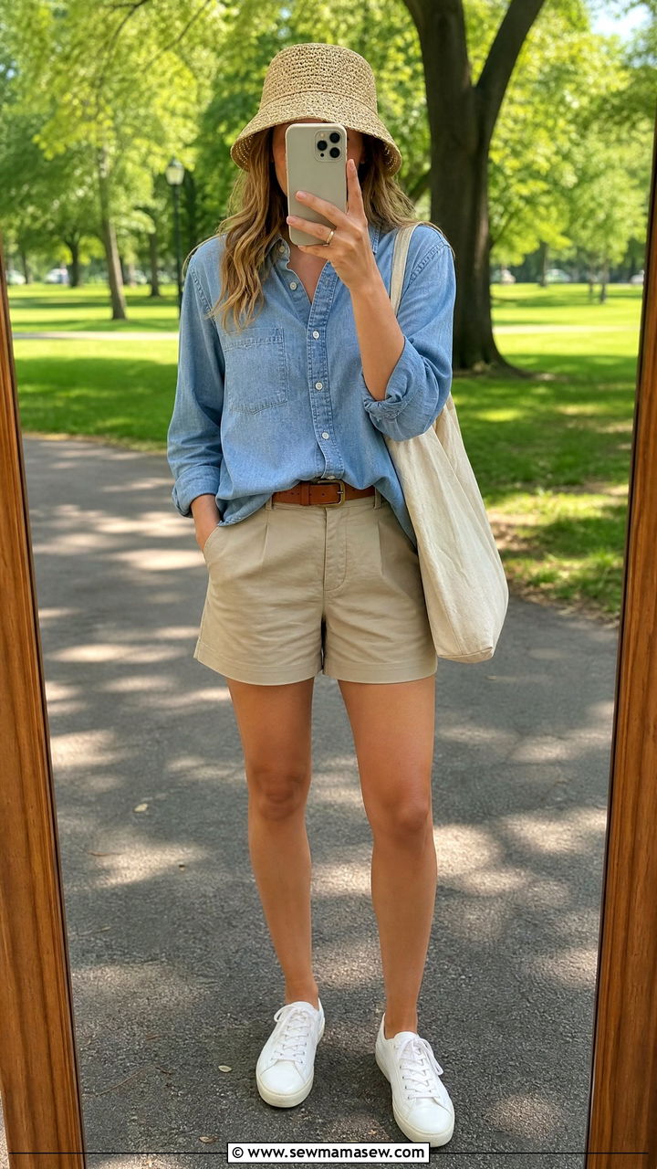 Chambray Button Down With Tailored Shorts Summer Outfit - 30 Summer outfits with button down