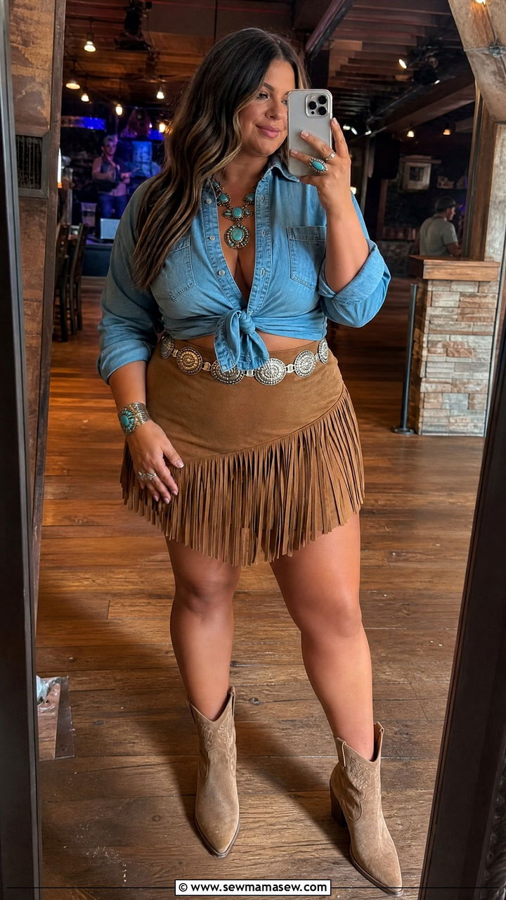 Chambray Button Down with Fringe Mini Skirt and Heeled Boots - 30 Country concert outfit ideas plus size