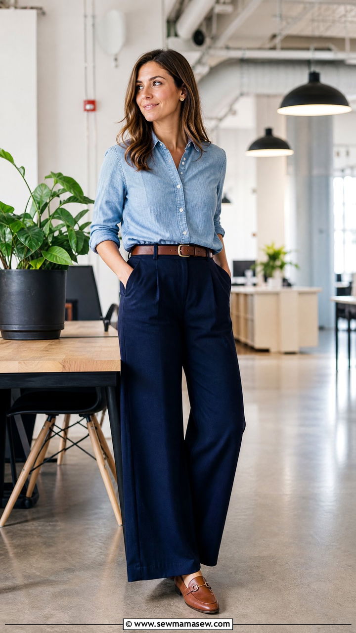 Chambray Button Down with Navy Wide Leg Trousers - 25 Wide leg trousers outfit ideas with a button down