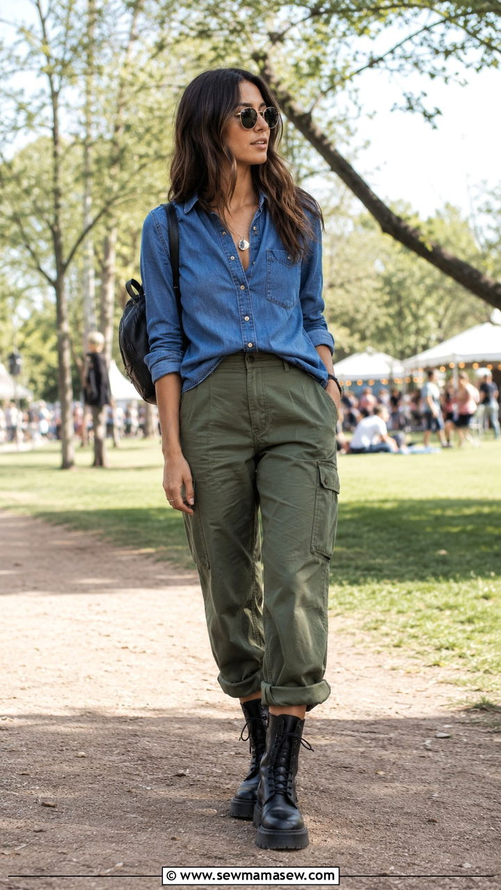 Chambray Button Down with Relaxed Denim Shorts - 30 Spring outfits with button down