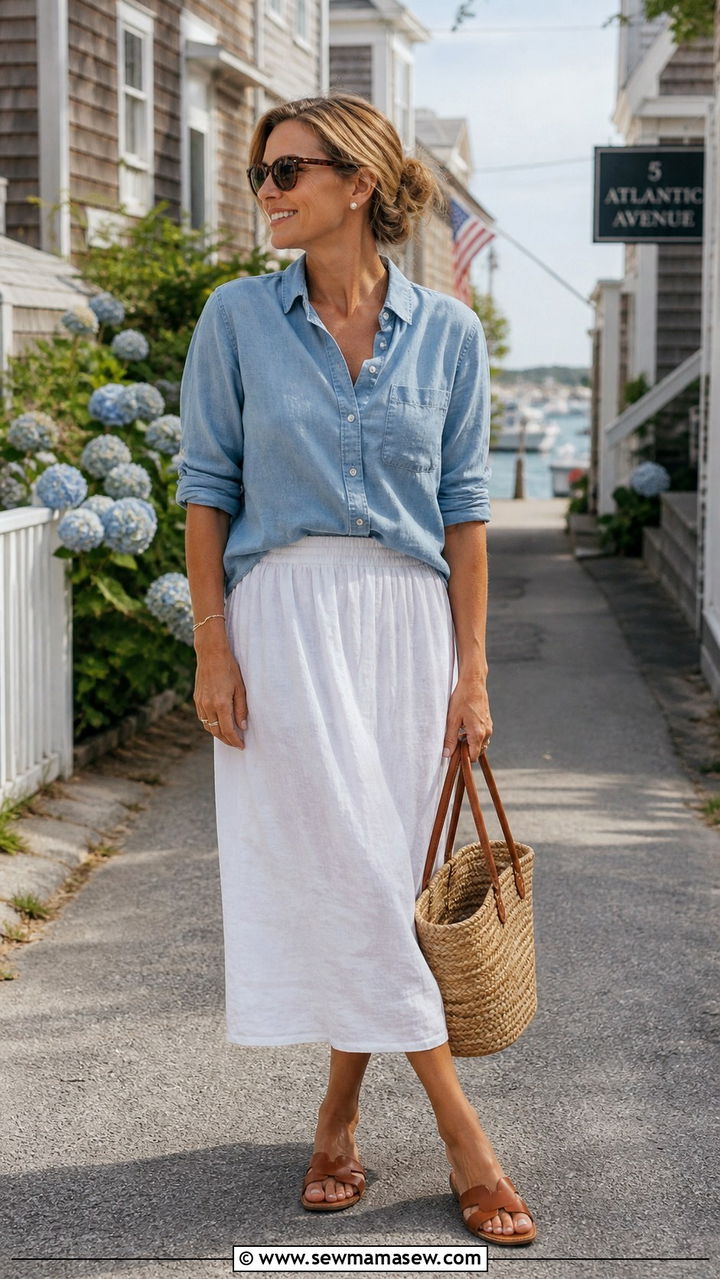 Chambray Button Down with Relaxed Linen Skirt Outfit - 40 coastal grandmother outfits