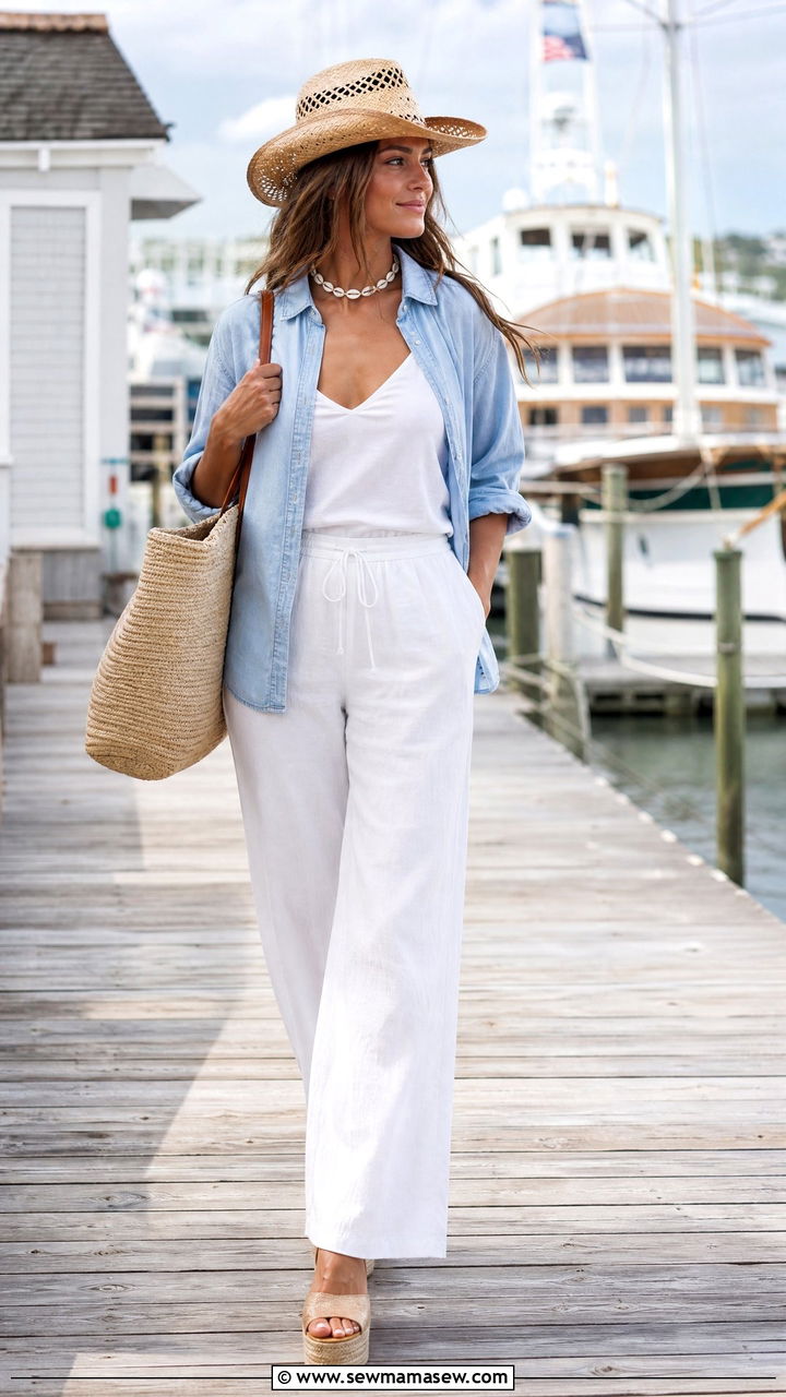 Chambray Button Down with White Linen Wide Leg Pants - 30 coastal cowgirl capsule wardrobe outfits