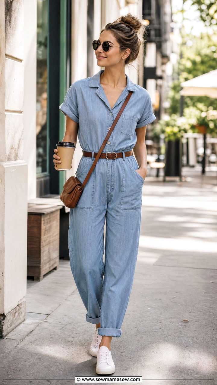 Chambray Button Front Jumpsuit with Canvas Sneakers - 30 summer jumpsuit outfit ideas
