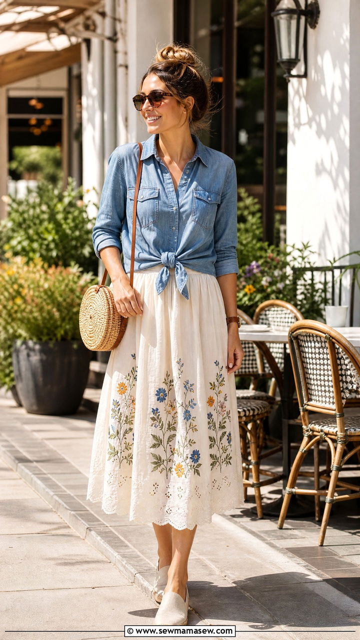 Chambray Button Up And Embroidered Midi Skirt - 30 Cottagecore summer outfits