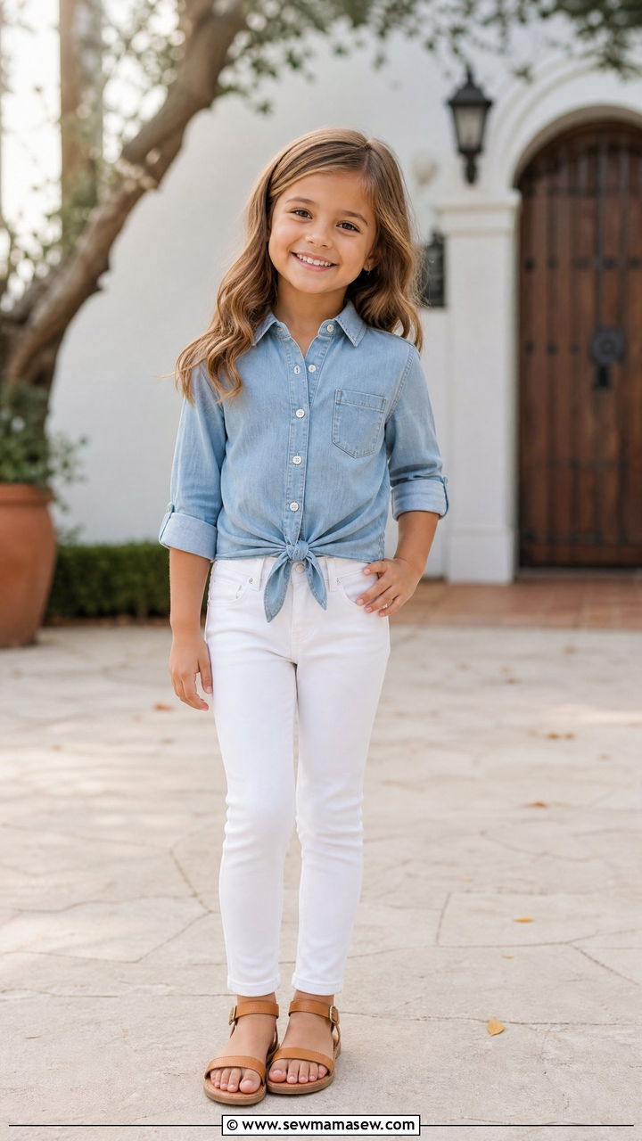 Chambray Button Up With White Jeans - 25 Kid outfit ideas for school picture day