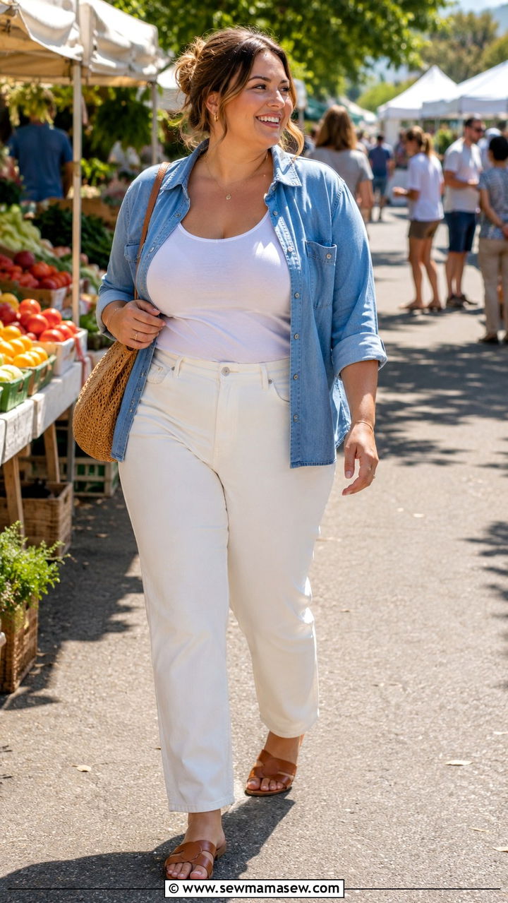 Chambray Button Up With White Straight Leg Jeans - 30 outfit ideas for apple shaped body
