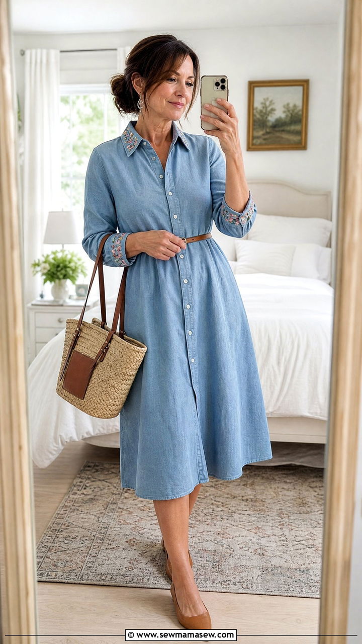 Chambray Dress With Embroidered Details And Flats - 30 cottagecore outfit ideas for women over 40
