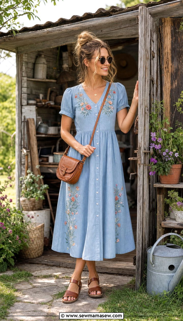Chambray Dress With Floral Embroidery - 25 Summer cottagecore outfits 2026