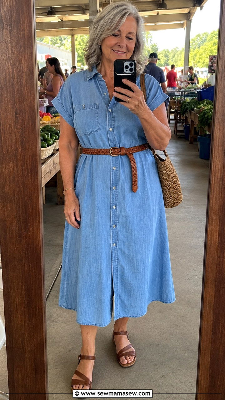 Chambray Dress with Brown Leather Sandals - 25 Plus size outfits for women over 60